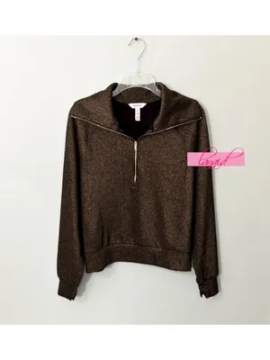 Spanx AirEssentials Half Zip Shimmer Very Black Gold Shine Knit V-Neck Sweater S thumbnail 4