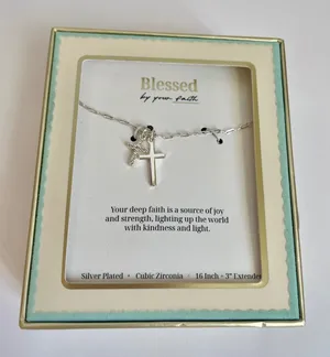 Blessed by your faith Silver Plated Cubic Zirconia Double Cross Necklace 16-19in thumbnail 1