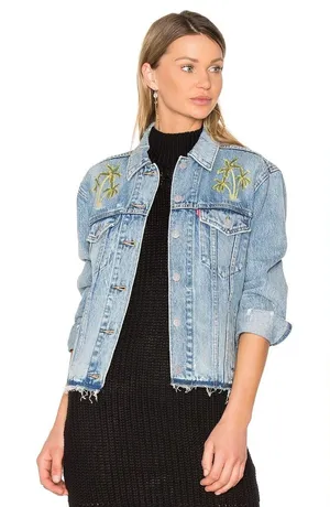 NWT Levi's Ex-Boyfriend Trucker Indigo Memory Embroidered Palm Tree Jacket S thumbnail 1