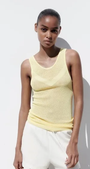 Zara Light Yellow Mesh Tank Top - Size M thumbnail 1