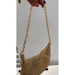 Tan Woven Straw Baguette Shoulder Bag Gold Chain Strap Raffia Style Bag thumbnail 5