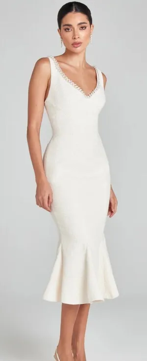 Nadine Merabi Penelope tweed jeweled dress pearl accent‎ neckline thumbnail 1