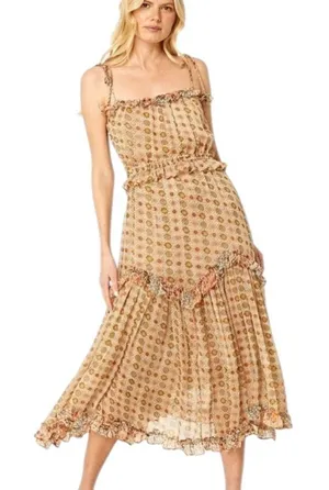 MISA Los Angeles Nita Midi Ruffle Dress in Flora Tile Mix Green and Pink Size M NWT thumbnail 1