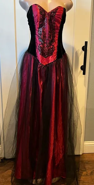 Spirit Halloween adult womens L costume sequin mesh maxi dress black & red gown thumbnail 1