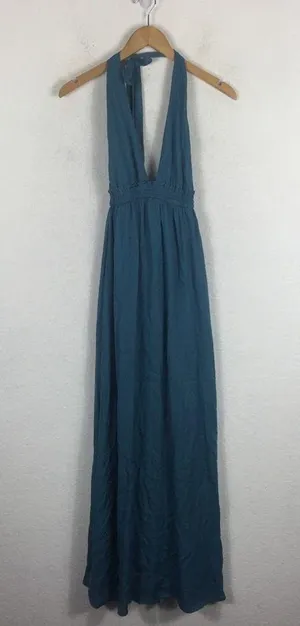 Lulus Unforgettable Night Maxi Dress XS Teal Blue Satin Halter Open Back Beach thumbnail 3