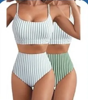 Womens Reversible Green White Vertical Stripe‎ High Waisted Bikini Set Size S thumbnail 1