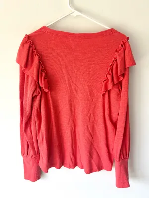 Anthropologie Pilcro Cozy Popover Ruffle Long Sleeves Top Orange Coral V Neck thumbnail 7