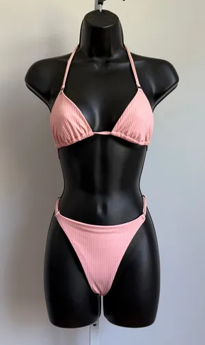 Ribbed Dainty‎ Beachy Pink Triangle Bikini Set Small Summer Swimwear thumbnail 1