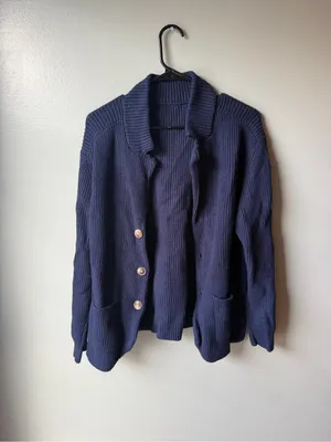 Navy Blue Ribbed Knit Cardigan Sweater Button Front Pockets Medium thumbnail 2