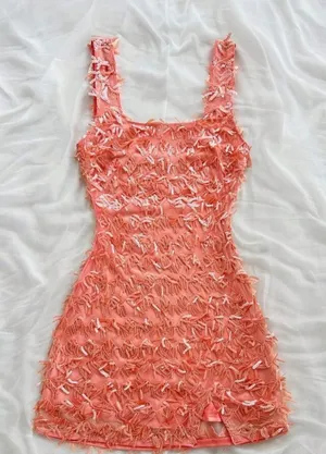 SHEIN Peach Sequin Fringe Mesh Mini Dress Square‎ Neck Bodycon M thumbnail 1