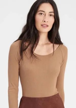 Banana Republic Womens Ribbed Long‎ Sleeve Scoop Neck Bodysuit Tan Beige Small thumbnail 1