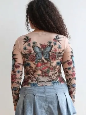 Madden Girl Y2K Tattoo Print Mesh Long Sleeve Top Butterflies Hearts Roses 2XL thumbnail 2