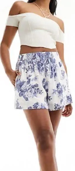 Abercrombie & Fitch Linen Blend Pull On Shorts Blue Floral NWT Size Medium Beach thumbnail 1