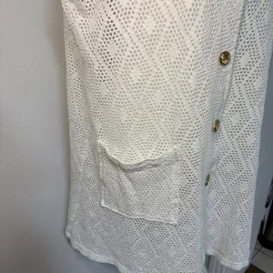 VTG White Crochet Button Up‎ Beach Cover Up Top Anchor Gold Buttons L-XL Resort thumbnail 3
