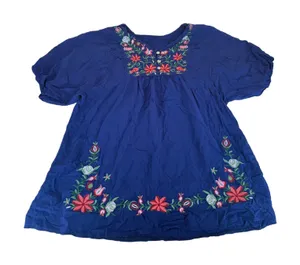 Unbranded Women NA Navy Blue‎ Floral Embroidered Boho Peasant Top Puff Sleeve thumbnail 1