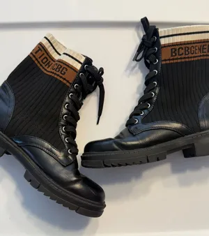 BCBG Black Knit-Shaft Combat Boots with Brown and Cream Trim Womens 6.5 thumbnail 1