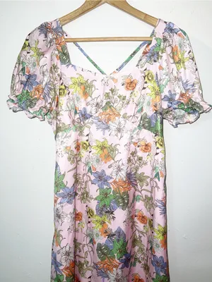 FOF Pink Floral Puff-Sleeve Short Sleeve Midi Summer Dress New thumbnail 2