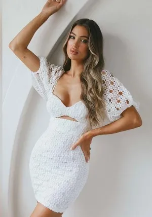 NWT Catch Feelings Sweetheart Neckline Crochet Lace Overlay White Dress thumbnail 1