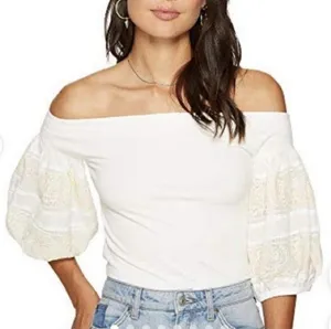 Free People Top Shirt Women's Rock with It Knit Off Shoulder Embroidered Cream S thumbnail 1