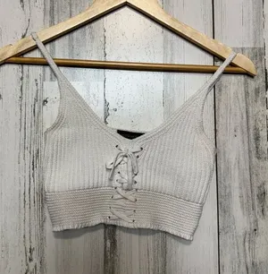 Streetwear Society Lace Up Ribbed Knit Crop Top Womens S Ivory Bralette Cami thumbnail 1