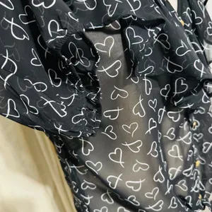 Timing Black Sheer Heart Print Ruffle Tie Front Blouse Top Women Sz L‎ Celestial thumbnail 2
