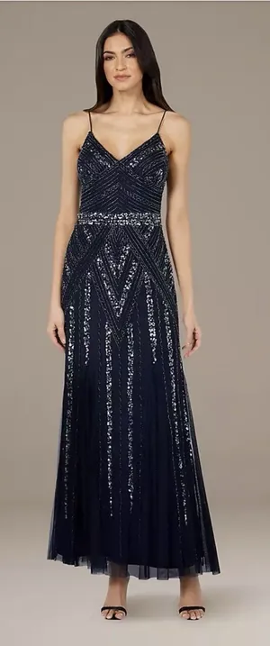 Marina V-Neck Beaded Navy Blue Formal Gown Size 6 Prom Hoco Ball Gala Retail$230 thumbnail 1