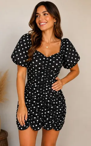 Zara Ruched‎ Polka Dot Puff Sleeve Mini Dress Cottagecore Size S thumbnail 1