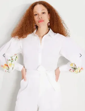 Kate Spade White Floral Embroidered Gathered Puff Sleeve Blouse Shirt Sz 6 NWOT thumbnail 1