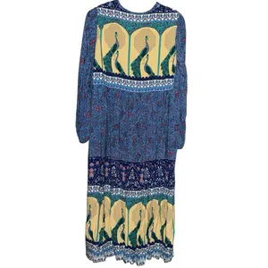 R. Vivimos Size XL 16 18 Blue Floral Print Long Sleeve V Neck Tassel Midi Dress thumbnail 4
