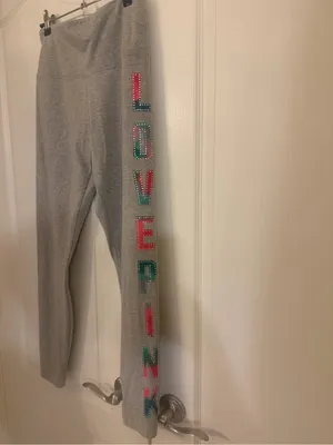 PINK Victoria's Secret Gray Leggings with Pink & Teal Lettering w/rhinestones! thumbnail 2