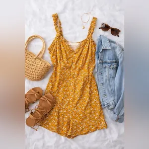 Urban Outfitters Mustard Floral Romper Ruffle Strap Button‎ Front Cottagecore M thumbnail 2