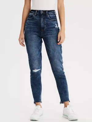 American Eagle Highest Rise Mom Jeans | Size 0R | Distressed Dark Wash Denim thumbnail 4