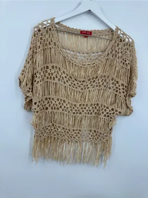 Dislay Paris Tan Open Knit Boho Short Sleeve Blouse Size Small Whimsical Fairy thumbnail 4