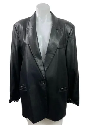 Zara Women Black Faux Leather Vegan Peak Lapel Relaxed Blazer Coat Jacket Size L thumbnail 1