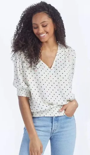 Summersalt Womens Polka Dot Puff Sleeve Top XL V-Neck Smocked‎ Hem Cream NWOT thumbnail 1