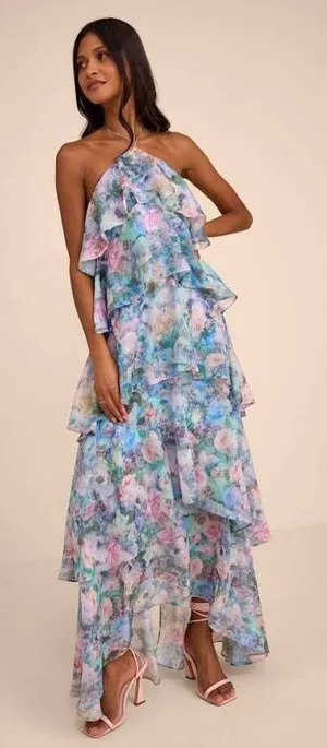 Lulus Melody Light Blue Floral Tiered Halter Maxi Dress - Size M thumbnail 1