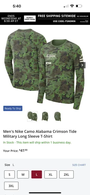 Nike Camo University of Alabama Military Long Sleeve T-Shirt - Large thumbnail 3