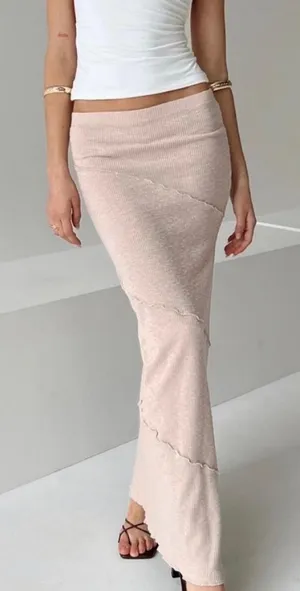 Princess Polly Beige Ribbed Lettuce Edge Exposed Seam Maxi Skirt US 4 thumbnail 1