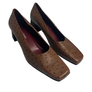 Naturalizer Brown Ostrich Embossed Leather Square Toe Block Heel Pumps 9M FLAW thumbnail 1