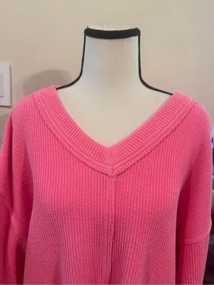 aerie Relaxed V-Neck Waffle Knit Sweater - Coral Pink thumbnail 5
