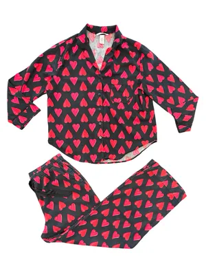 Victoria’s Secret Black Red Heart pattern Button Up cozy Flannel pajama Set SM thumbnail 3