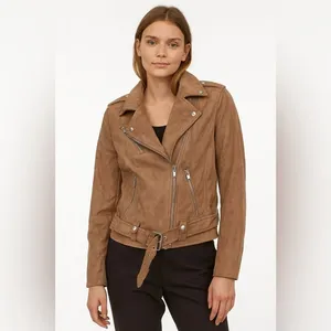Olivaceous Faux Suede Moto Jacket Beige Size M thumbnail 2