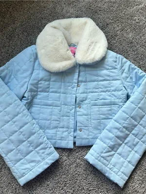 Sugar Thrillz Light Blue Quilted Puffer Jacket with Cream Faux Fur Collar thumbnail 2