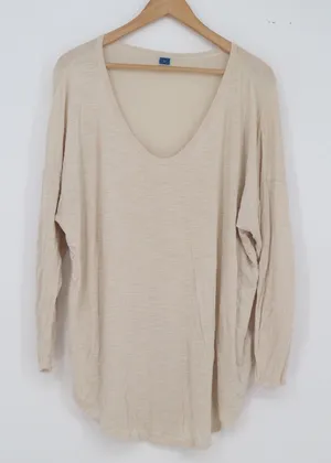 Old Navy Top Womens XL Luxe Beige Slub Knit V-Neck Long Sleeve Relaxed Excellent thumbnail 1