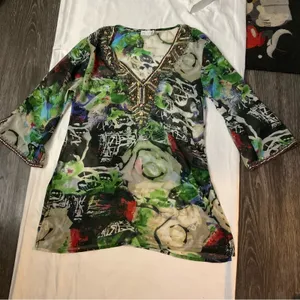 Solitaire Ravi Khosla Embellished V-Neck Caftan Swim Beach Coverup M Boho Print thumbnail 5