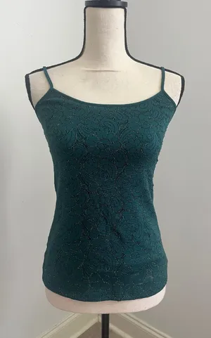 LOFT Lace Floral Cami‎ Small Dark Green Camisole Top Metallic Office Shell Work thumbnail 1