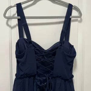 Lulus Sophisticated Occasion Bustier Lace-Up Maxi Dress NWOT size Medium Navy thumbnail 6
