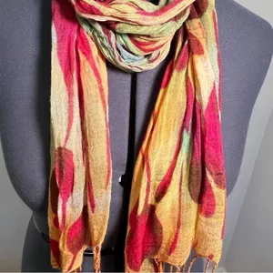 Rue 21 Women's Scarf Orange Yellow Magenta Pink Teal Fringe Hem Flower Rain thumbnail 3