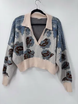 (E-578) Free People Cropped Floral V-Neck Sweater in Cream, Blue & Brown thumbnail 3