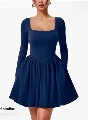 OYS Women’s Long Sleeve Square Neck Back Belt A Line Ruffle Hem Mini Dress thumbnail 1